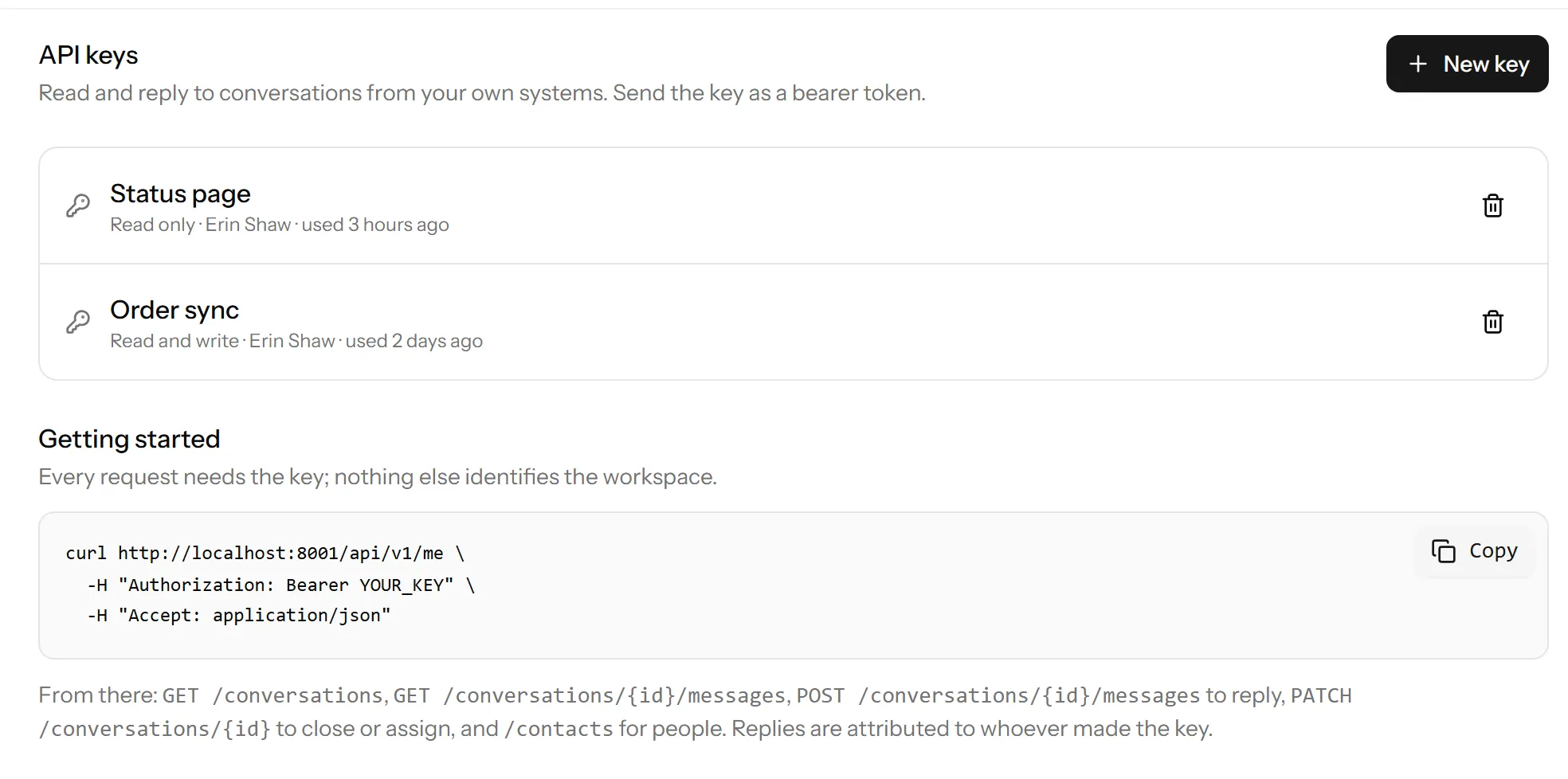 The API keys screen, listing two keys with the permissions each one has and when it was last used.