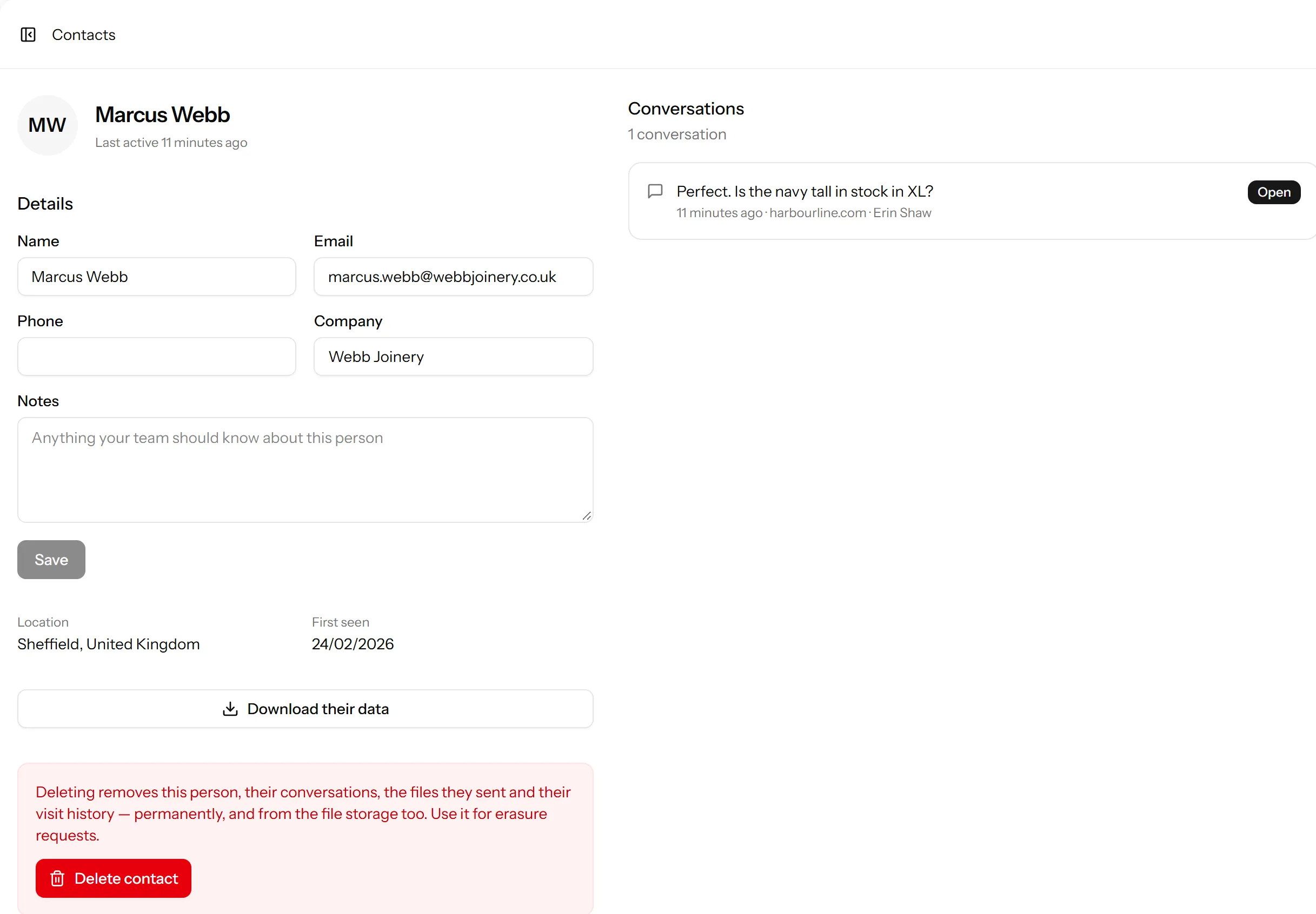 A contact record, showing the details passed from the customer’s own application alongside their conversation history.