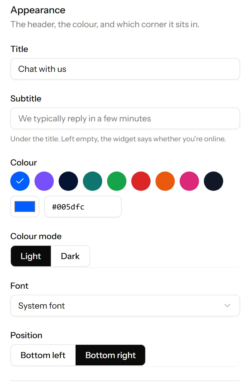 The widget appearance settings: the title and subtitle it greets people with, a row of colour swatches with the exact hex code, light or dark, the font, and which corner it sits in.