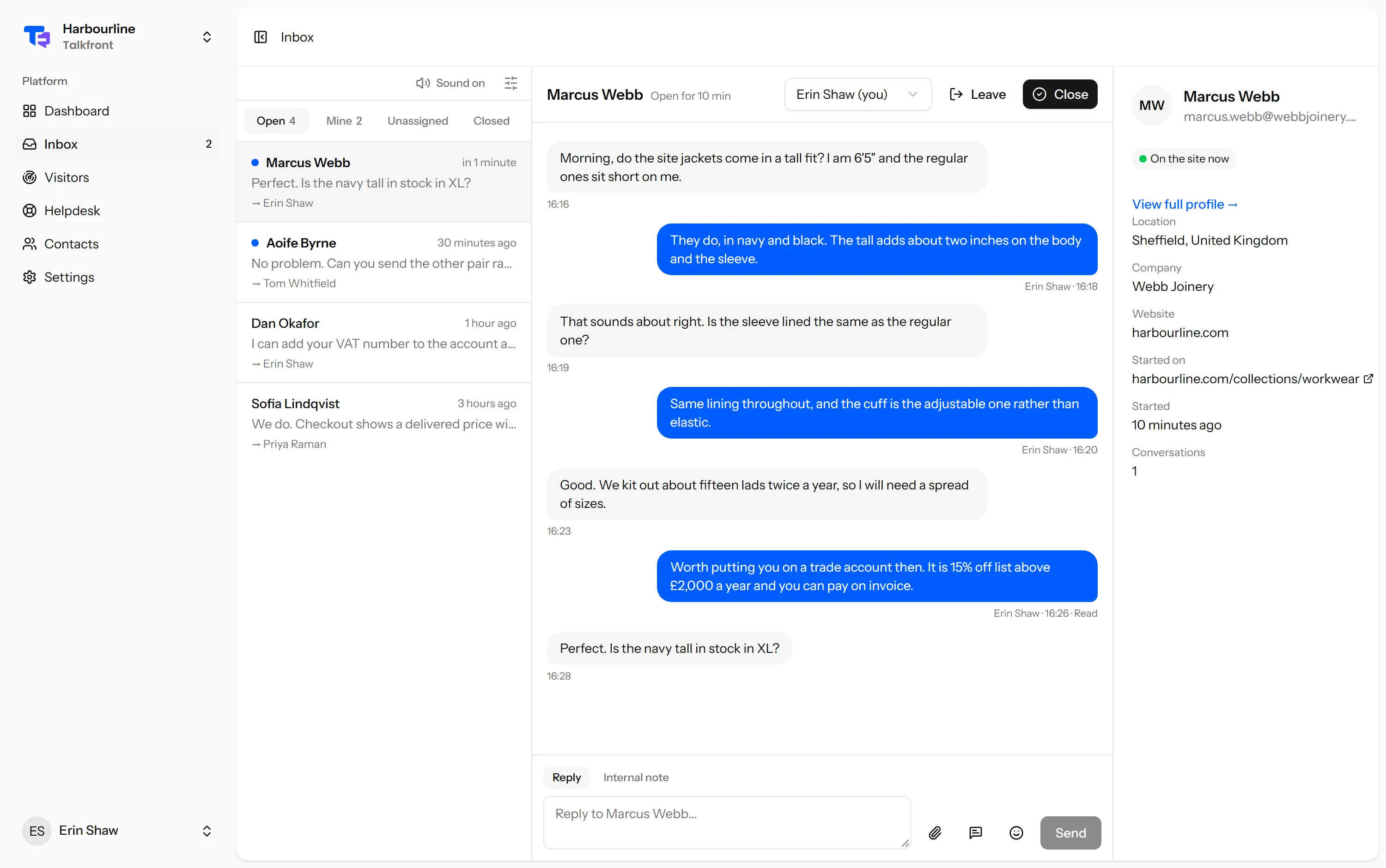 The Talkfront inbox: a list of open conversations on the left, the thread with Marcus Webb in the middle showing a reply marked read, and his contact details on the right.