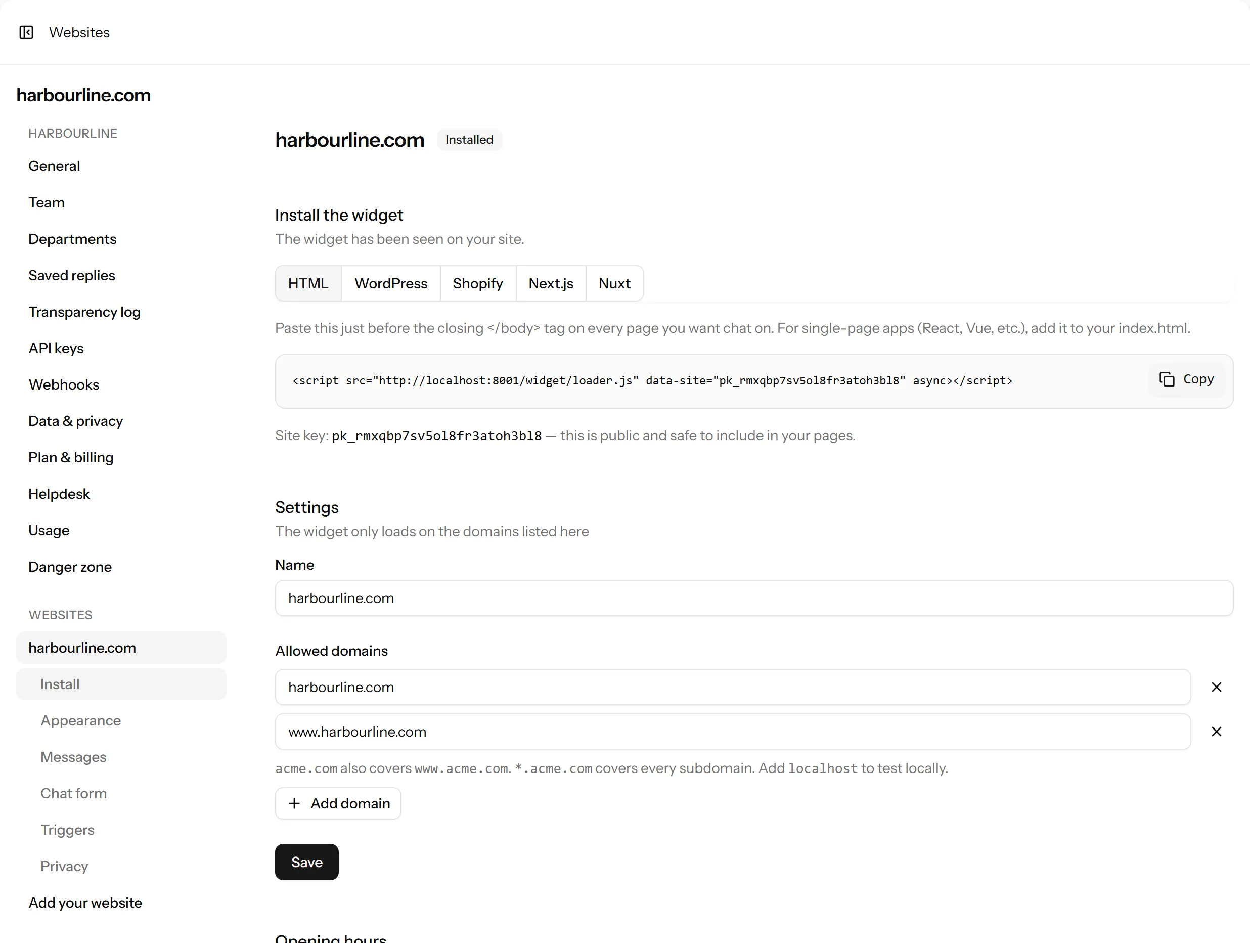 A website's page in Talkfront, showing the install snippet, the site key and the list of allowed domains.