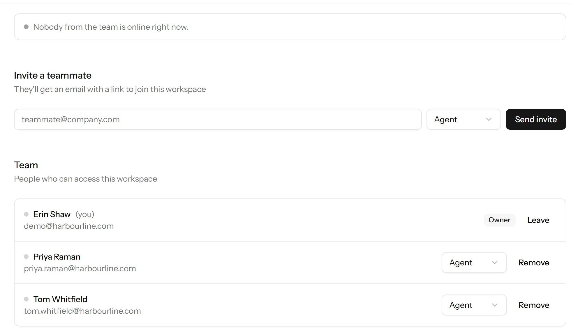The team settings screen, listing each member with their role.