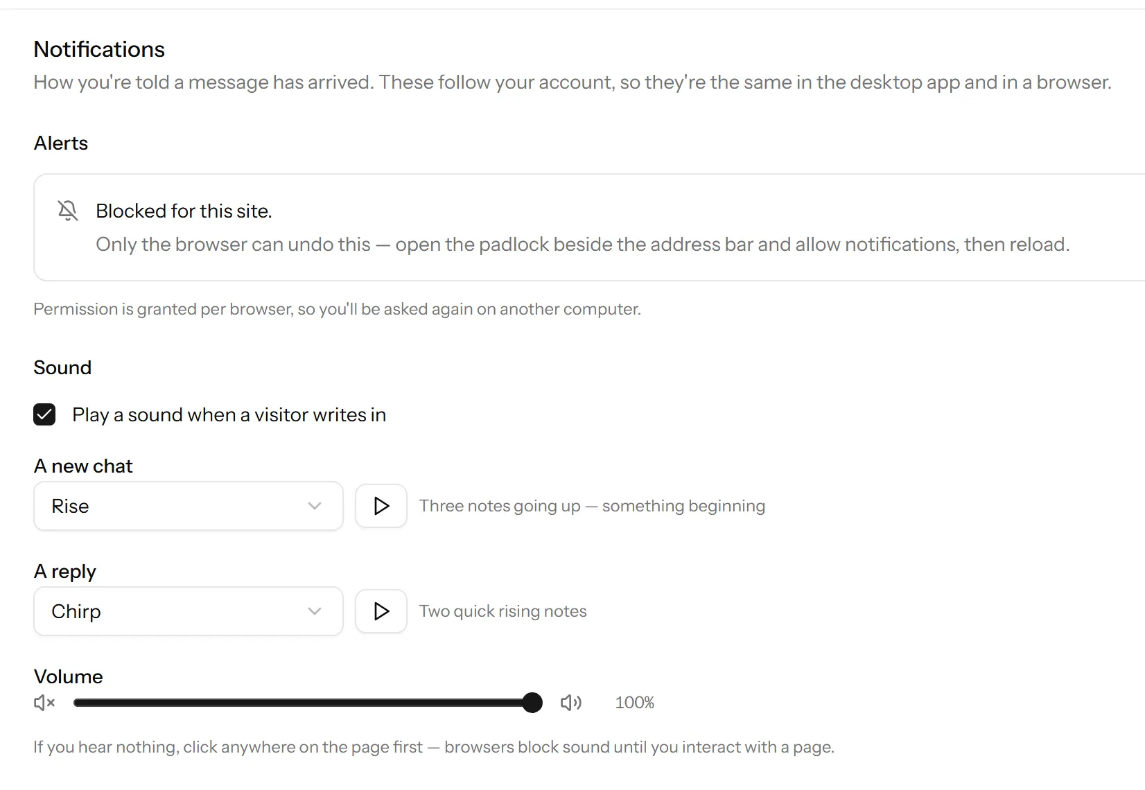 The notification settings screen, with the events you can be told about and the ways you can be told.