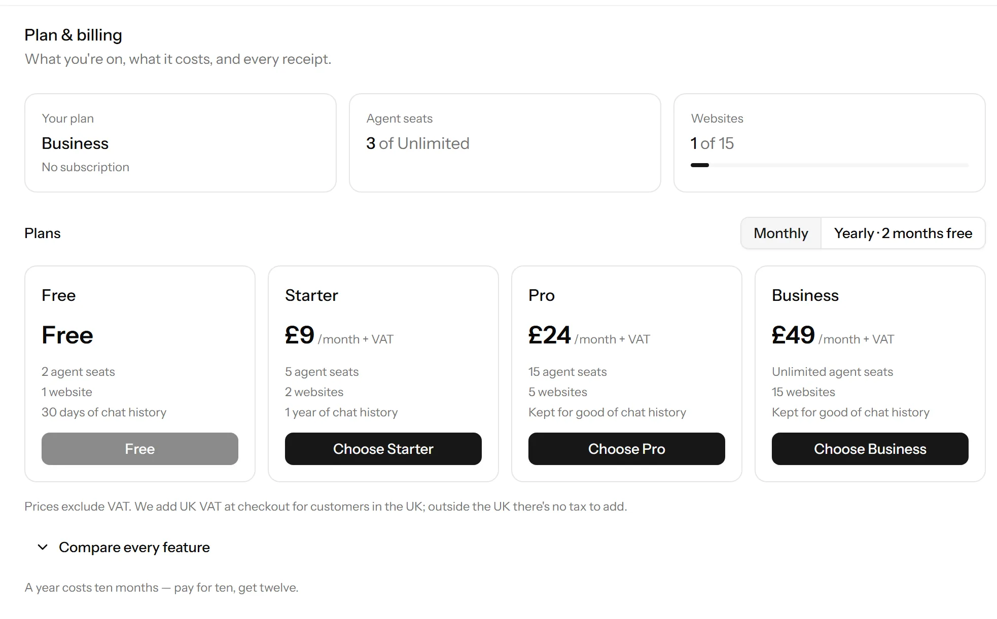 The plan screen, comparing the four plans side by side with the limits and features of each.