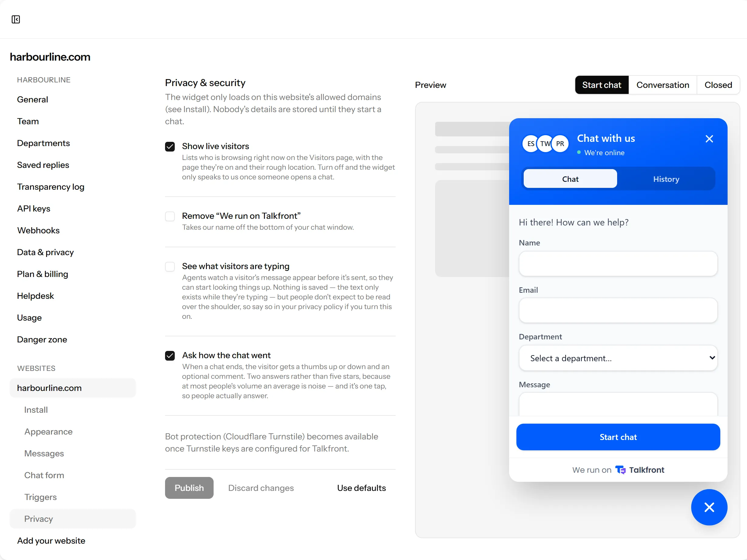 A website’s privacy and security settings, with switches for showing live visitors, removing Talkfront branding, letting agents see what a visitor is typing, and asking how the chat went.