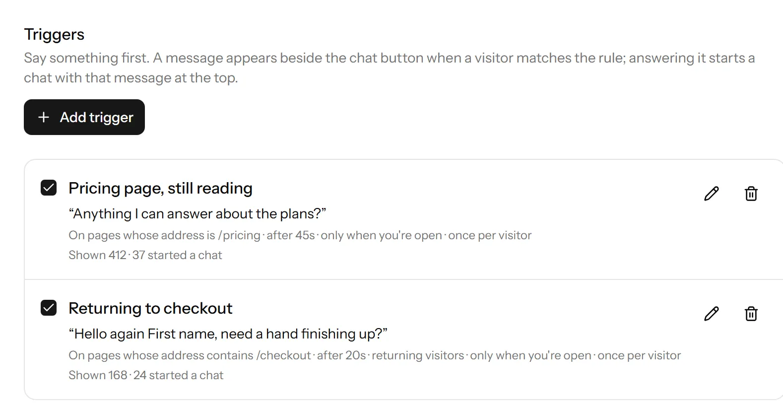 The proactive messages screen, listing two triggers with the page and delay that fire them and how many times each was shown and answered.