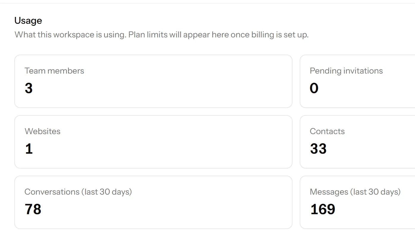 The usage screen, showing what the workspace is using against the limits of its plan.