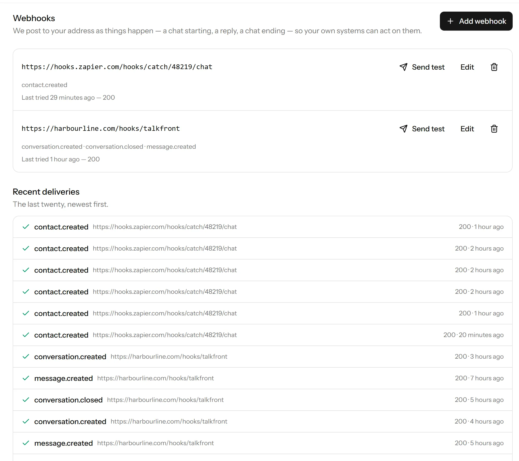 The webhooks screen, listing endpoints with the events they subscribe to and a log of recent deliveries with their status codes.